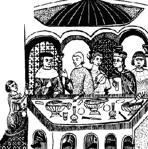 Рыбная трапеза 12-го века. Мужчина в центре держит нож и хлебный тренчер. У пажа в руке кубок, из которого по очереди пили все участники трапезы