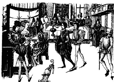Обед в пятнадцатом веке: Виночерпий приближается к хозяйке дома, а под галереей стоит дворецкий, наблюдающий за слугами.