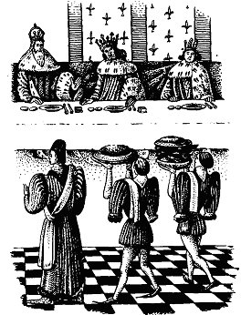 Обслуживание королевского пира в 15 веке. Слуги с перекунутыми через плечо салфетками, несут тщательно украшенные блюда. 